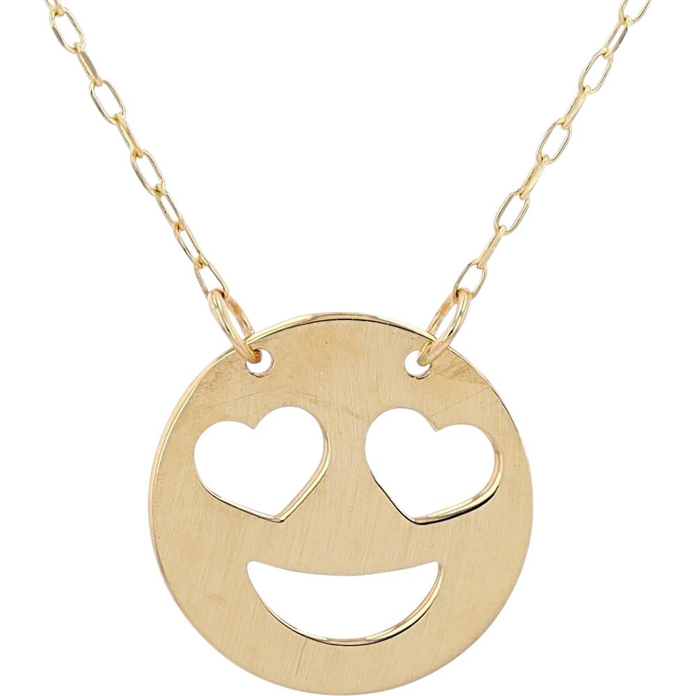 14K Yellow Gold Heart Eyes Emoji Smiley Face Necklace