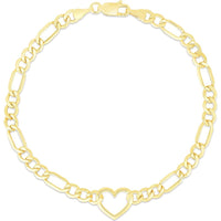 14K Yellow Gold Heart Figaro Chain Bracelet - 7" Polished Finish by Orozza Fine Jewelry