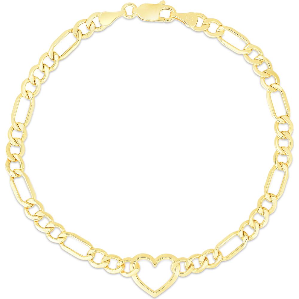 14K Yellow Gold Heart Figaro Chain Bracelet - 7" Polished Finish by Orozza Fine Jewelry