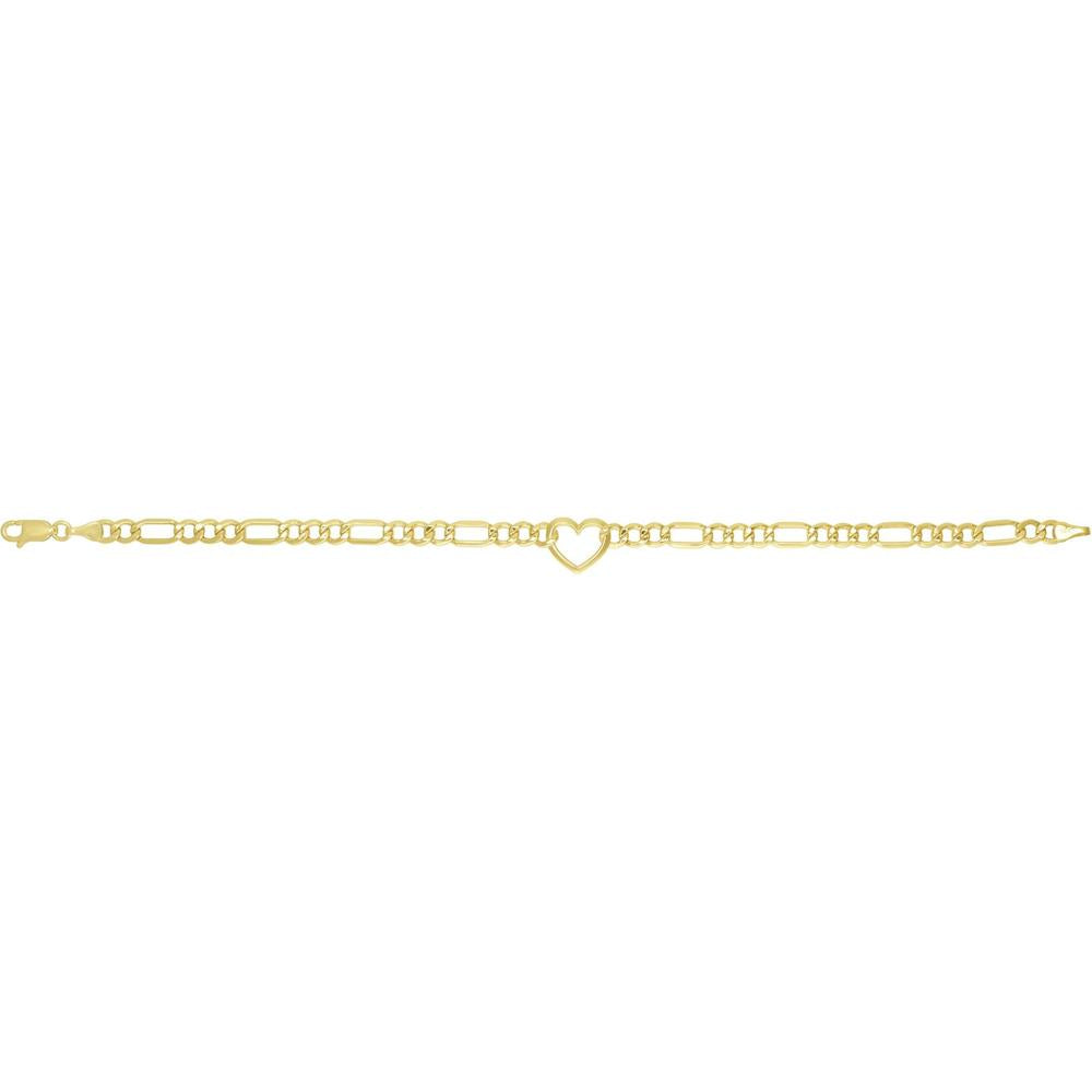 14K Yellow Gold Heart Figaro Chain Bracelet - 7" Polished Finish by Orozza Fine Jewelry
