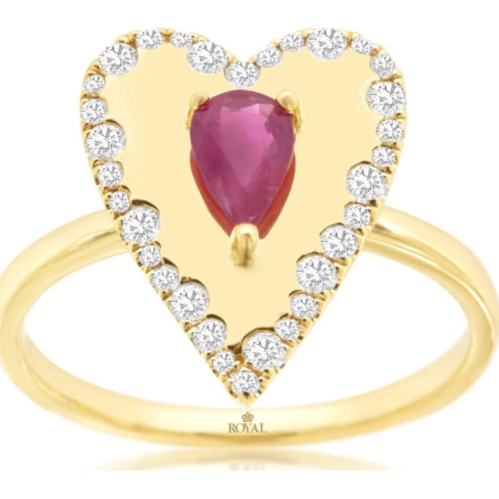 14K Yellow Gold Heart Halo Ring with Pear Cut Ruby and Round Diamond Accents - 0.45 Carat Ruby and 0.26 Carat Diamond Total Weight - Royal Jewelry