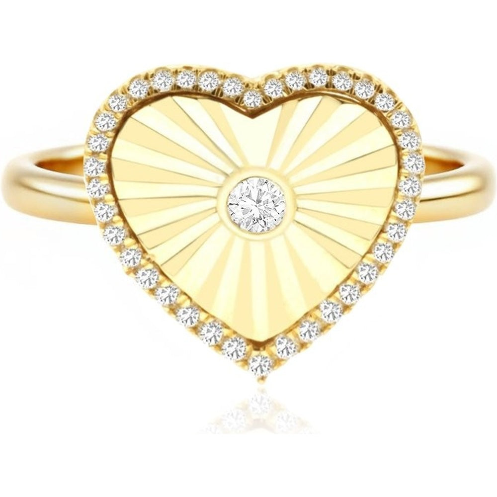 14K Yellow Gold Heart Halo Ring with Sunburst Motif and Prong-Set Round Diamond - 0.17 Carat Total Diamond Weight - Royal Jewelry