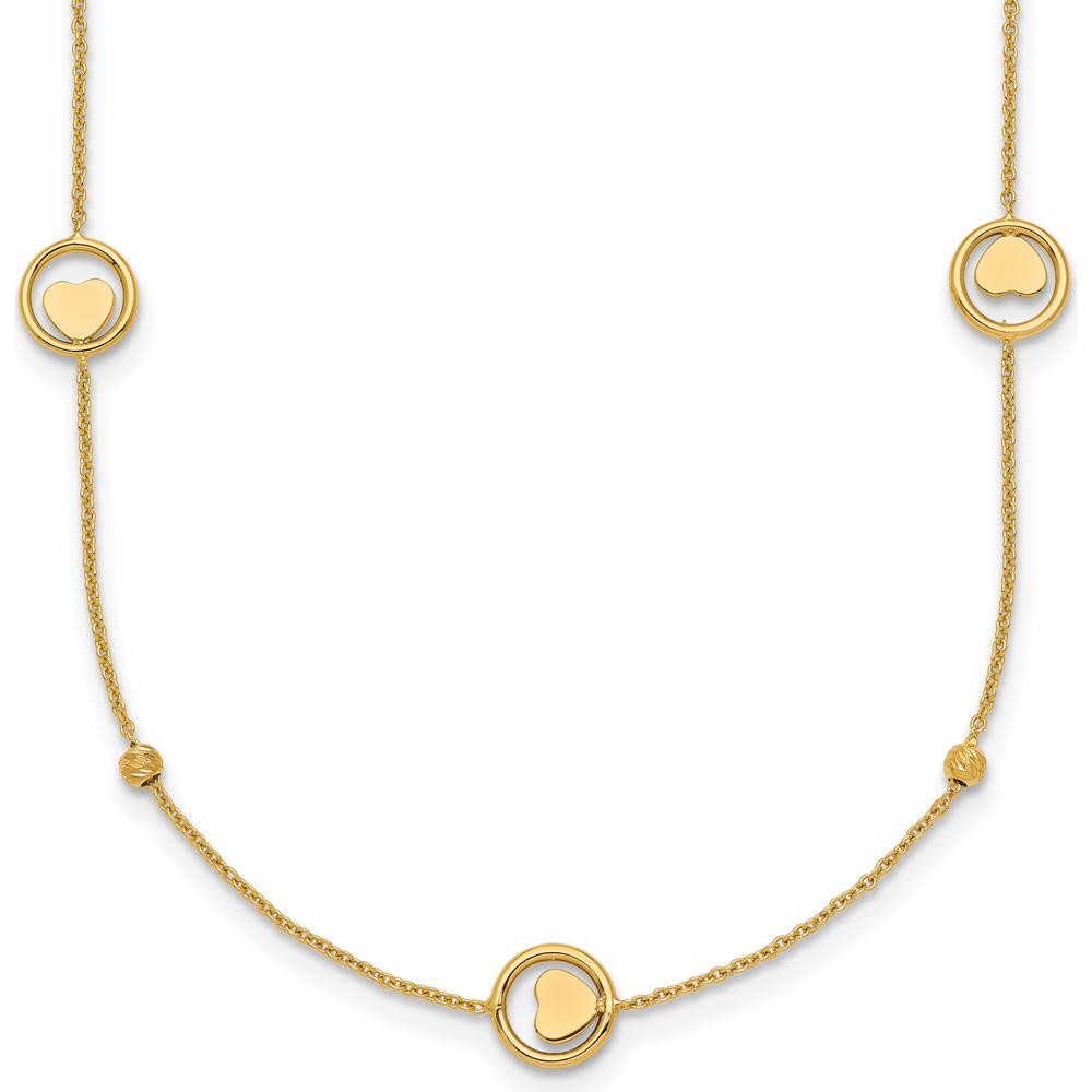 14K Yellow Gold Heart in Circle with Diamond-Cut Beads 7-Station Necklace - 17" Length by 0