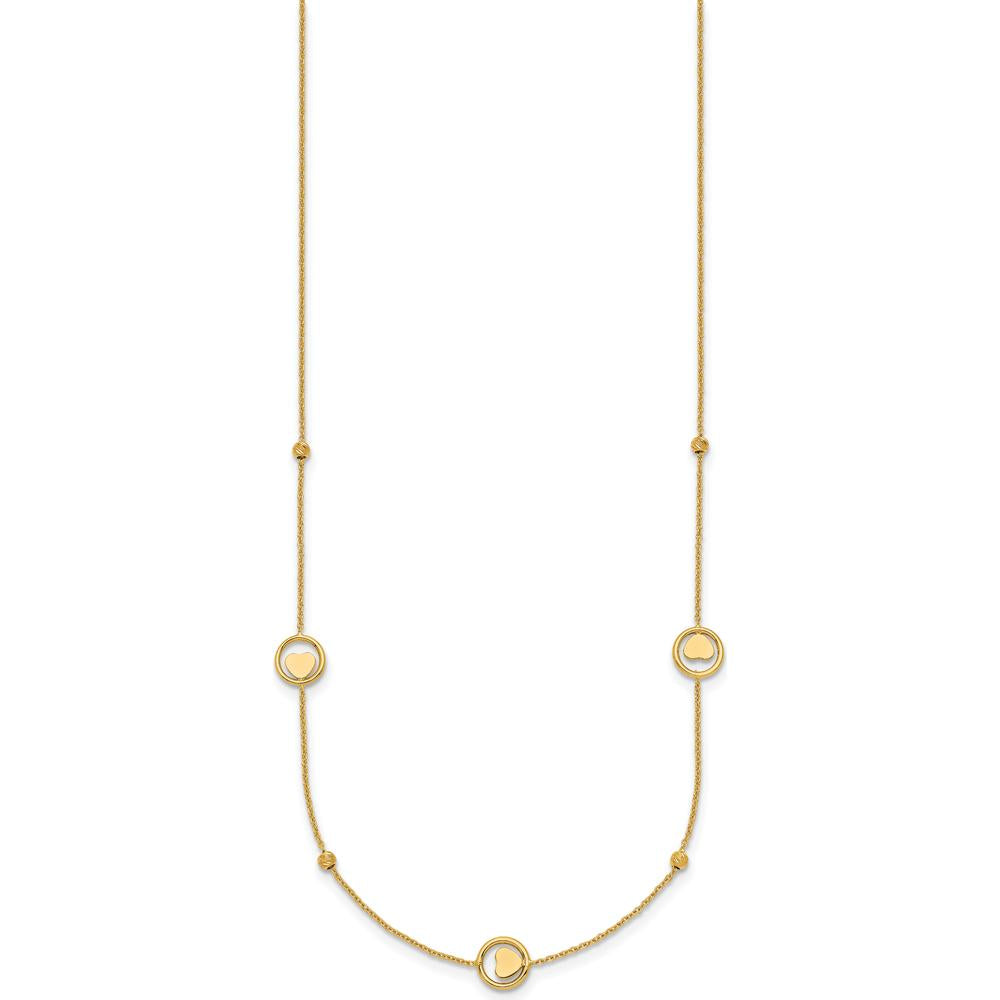 14K Yellow Gold Heart in Circle with Diamond-Cut Beads 7-Station Necklace - 17" Length by 0