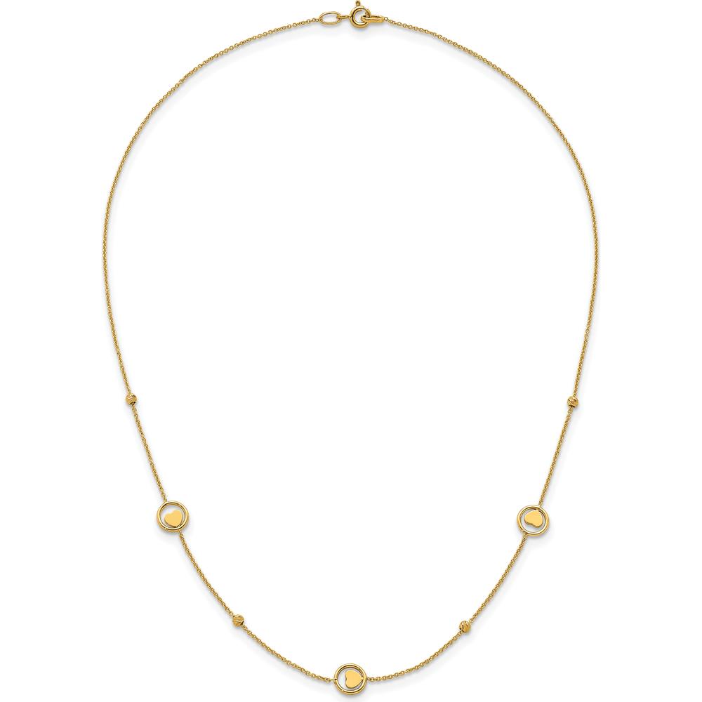 14K Yellow Gold Heart in Circle with Diamond-Cut Beads 7-Station Necklace - 17" Length by 0