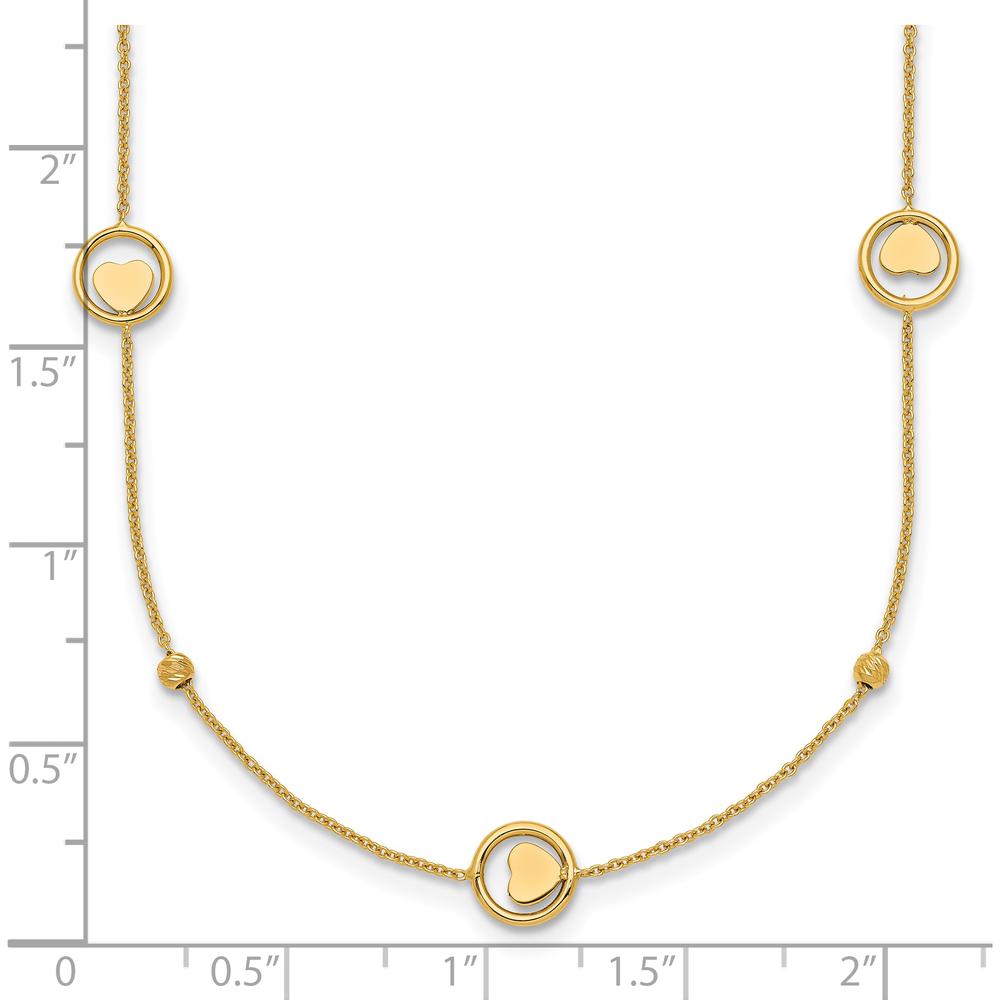 14K Yellow Gold Heart in Circle with Diamond-Cut Beads 7-Station Necklace - 17" Length by 0