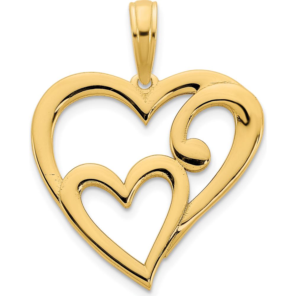 14K Yellow Gold Heart in Heart Pendant - Polished Solid Gold Charm with 17.75mm Length by Oro Pregiato