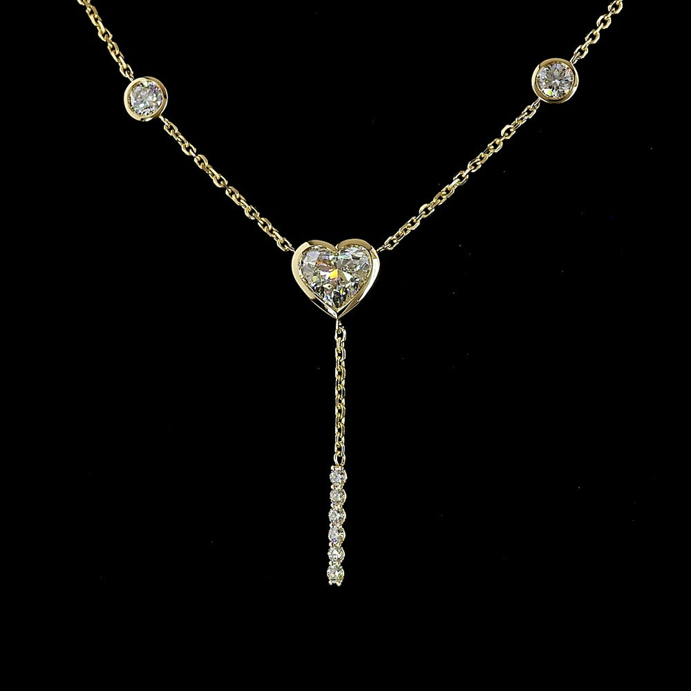 14K Yellow Gold Heart Lariat Necklace with Bezel and Prong Set Lab Diamonds - 2.46 Carat Total Weight - Covaloro Fine Jewelry