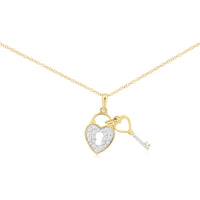 14K Yellow Gold Heart Lock and Key Pendant with Pavé Set Round Diamonds - 0.15 Carat Total Diamond Weight - Royal Jewelry
