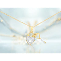 14K Yellow Gold Heart Lock and Key Pendant with Pavé Set Round Diamonds - 0.15 Carat Total Diamond Weight - Royal Jewelry