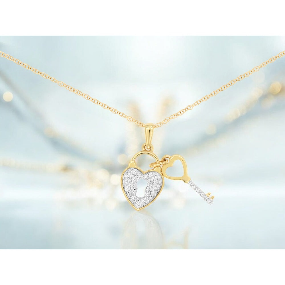 14K Yellow Gold Heart Lock and Key Pendant with Pavé Set Round Diamonds - 0.15 Carat Total Diamond Weight - Royal Jewelry