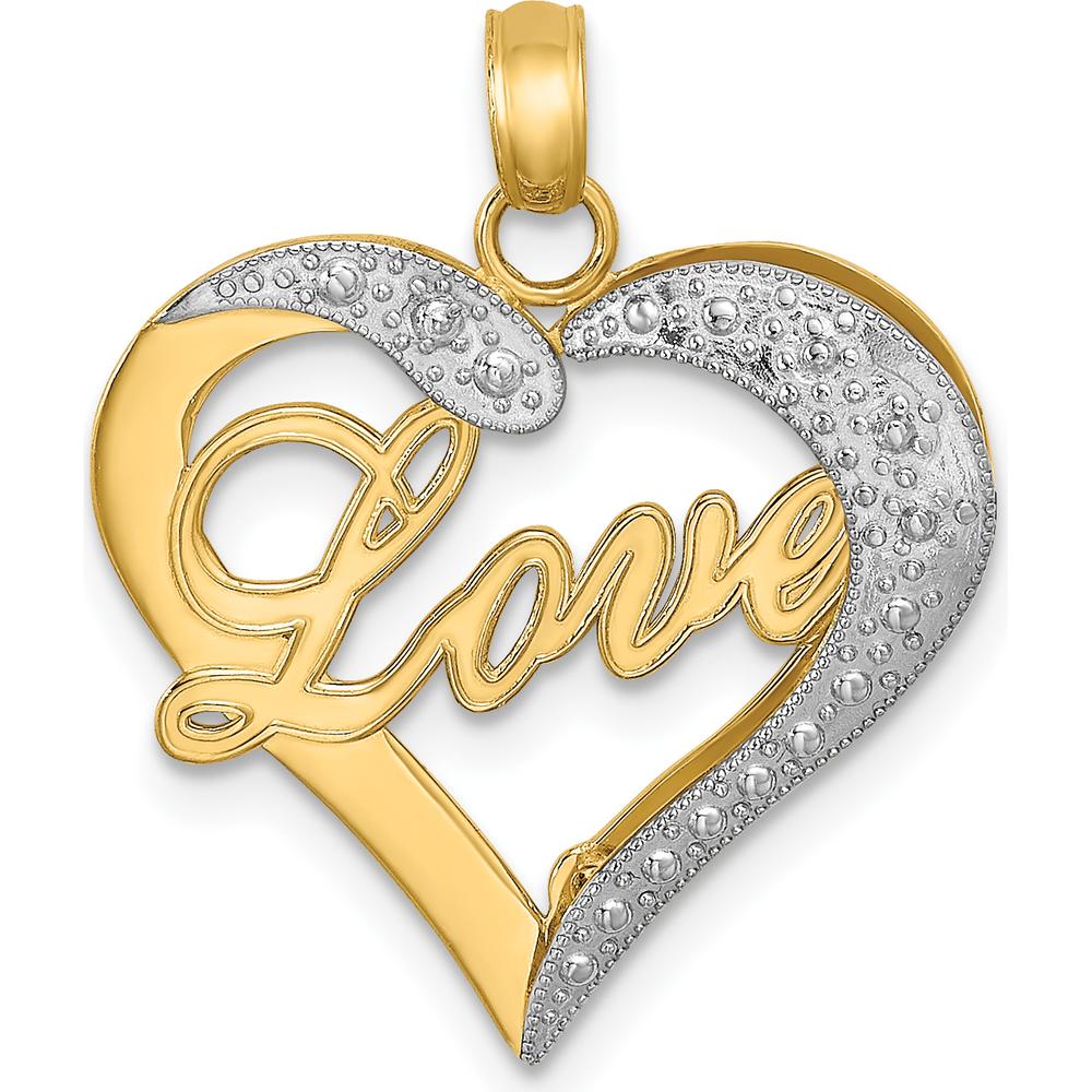 14K Yellow Gold Heart Love Pendant with Diamond-Cut Rhodium Accents - Polished Finish by Oro Pregiato