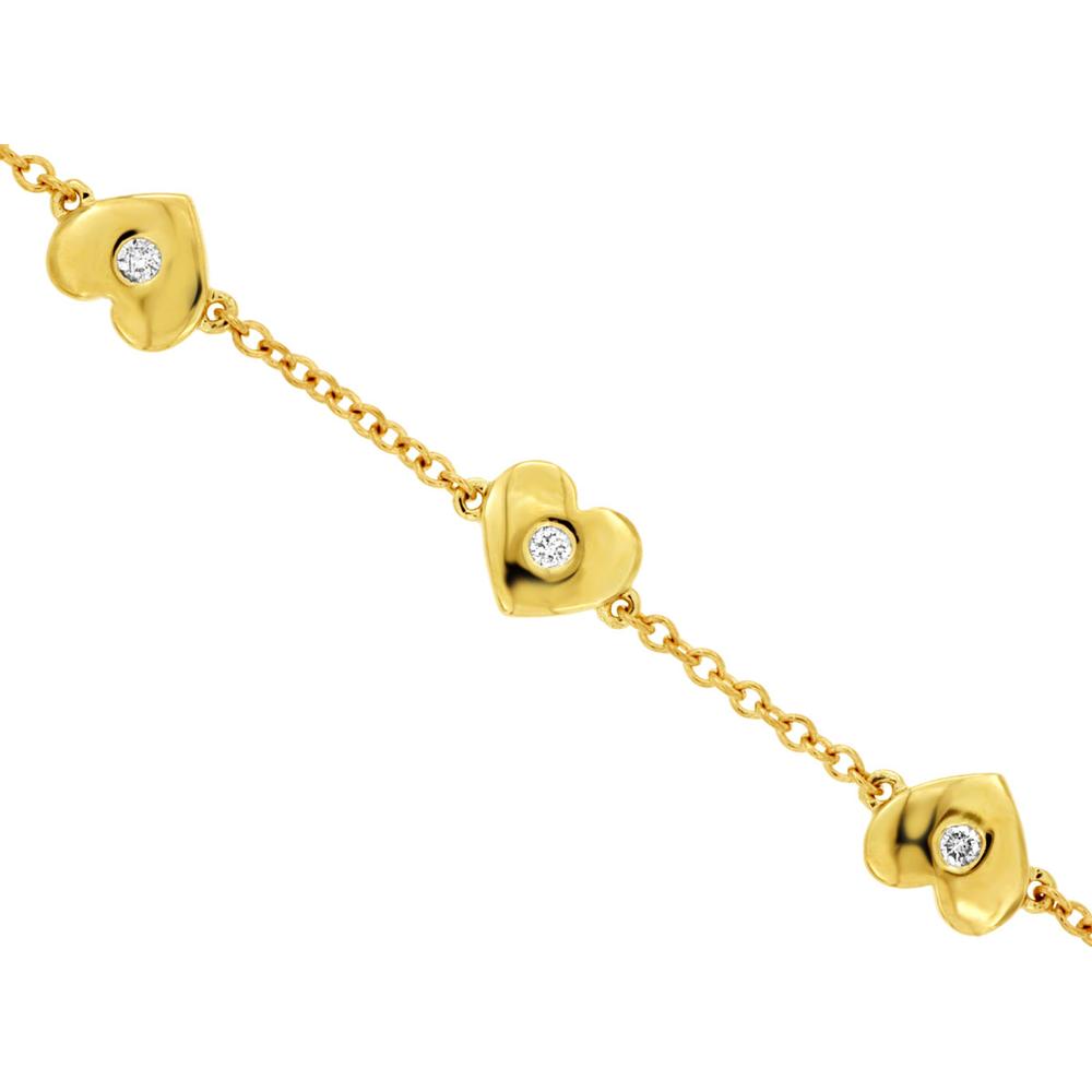 14K Yellow Gold Heart Motif Diamond Station Bracelet with Bezel Set Round Diamonds - 0.12 Carat Total Diamond Weight - Royal Jewelry