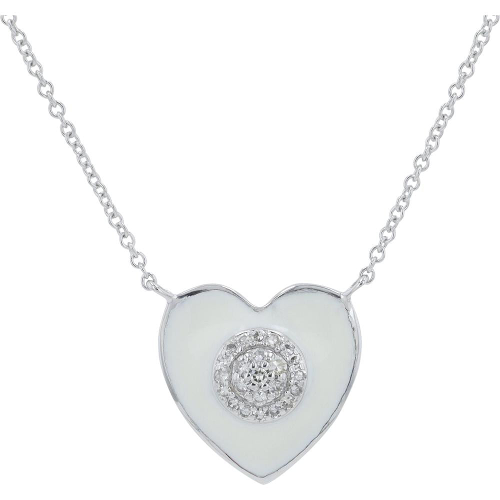 14K Yellow Gold Heart Necklace with White Enamel and Bezel Set Diamonds - 0.10 Carats Total Diamond Weight