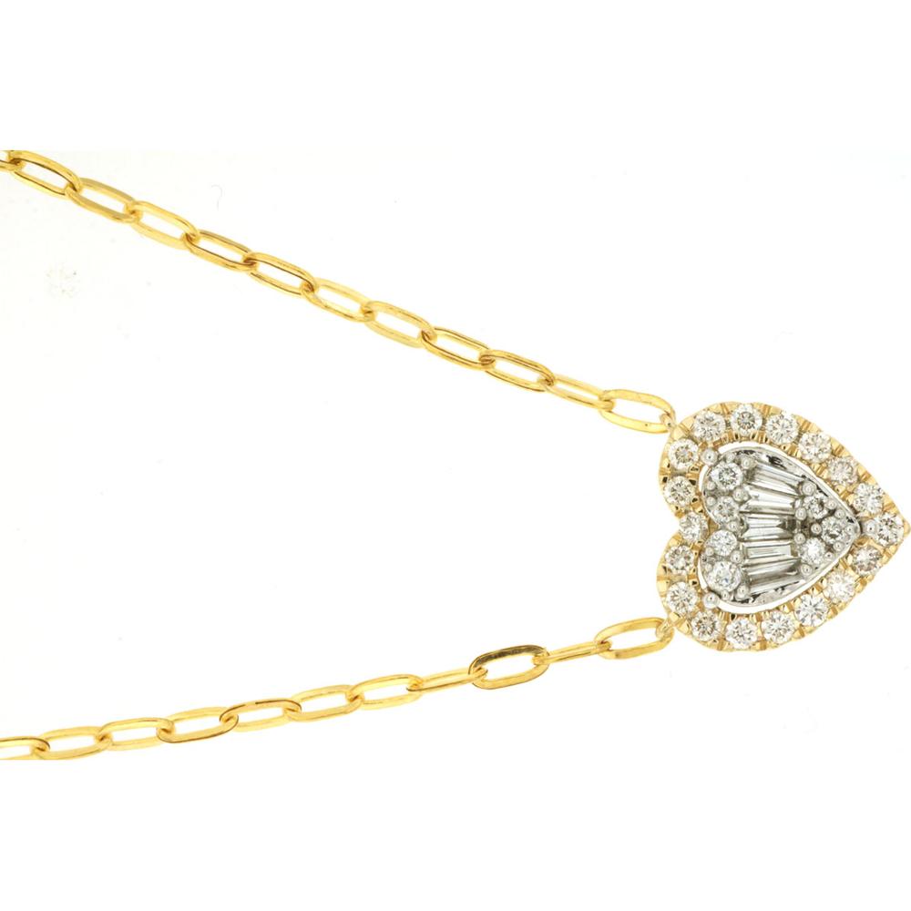 14K Yellow Gold Heart Pendant Necklace with Baguette and Round Diamond Cluster Halo – 0.50 Carat Total Diamond Weight - Royal Jewelry