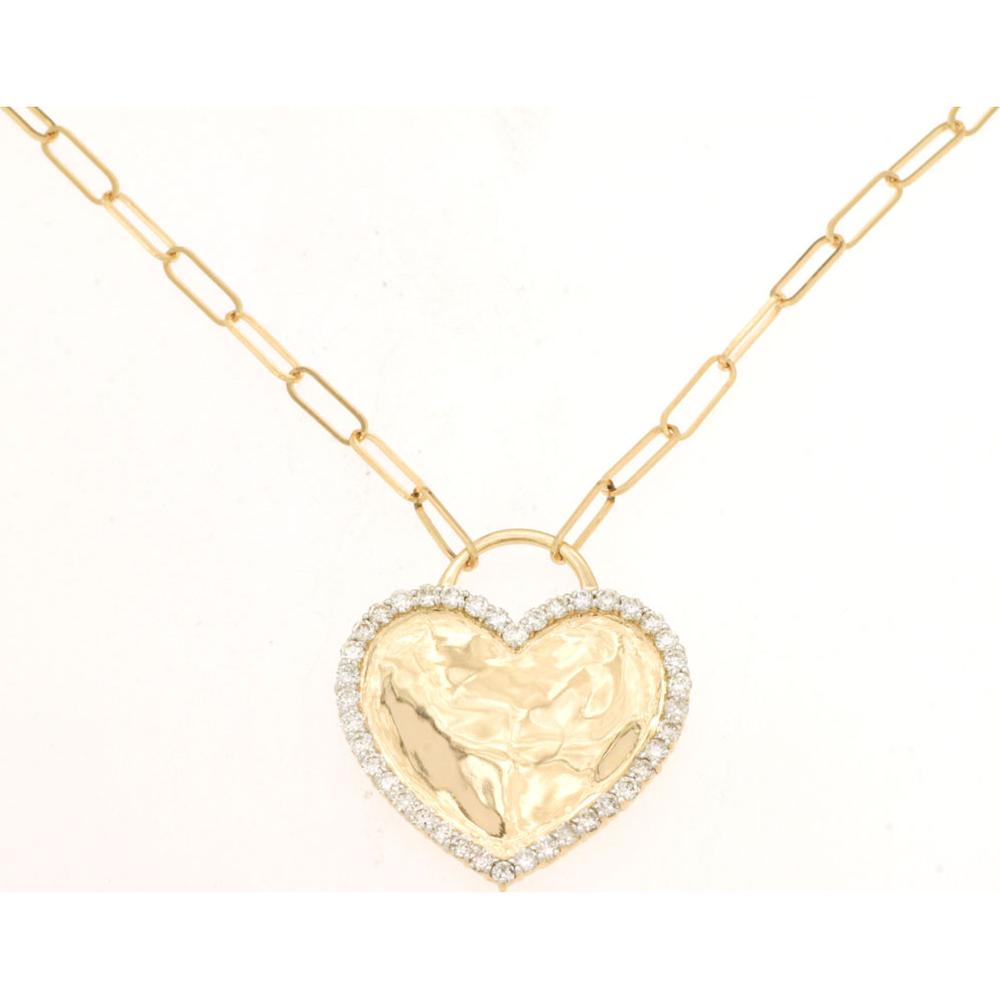 14K Yellow Gold Heart Pendant Necklace with Paperclip Chain and 0.50 Carat Total Weight Diamond Halo - Royal Jewelry