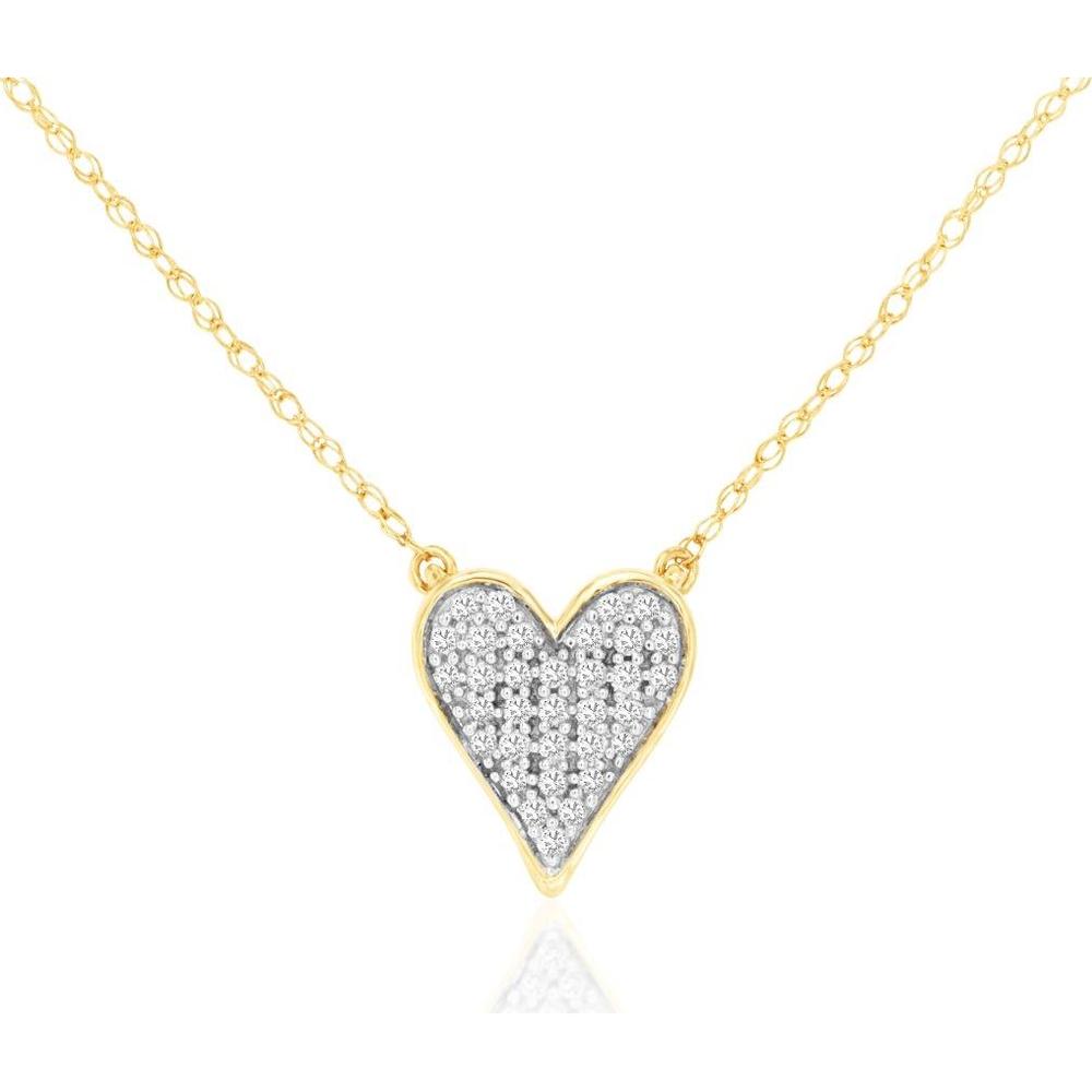 14K Yellow Gold Heart Pendant Necklace with Pavé Set Round Diamonds - 0.13 Carat Total Diamond Weight - Royal Jewelry