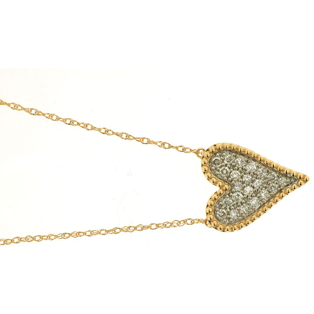 14K Yellow Gold Heart Pendant Necklace with Pavé Set Round Diamonds - 0.21 Carat Total Diamond Weight - Royal Jewelry