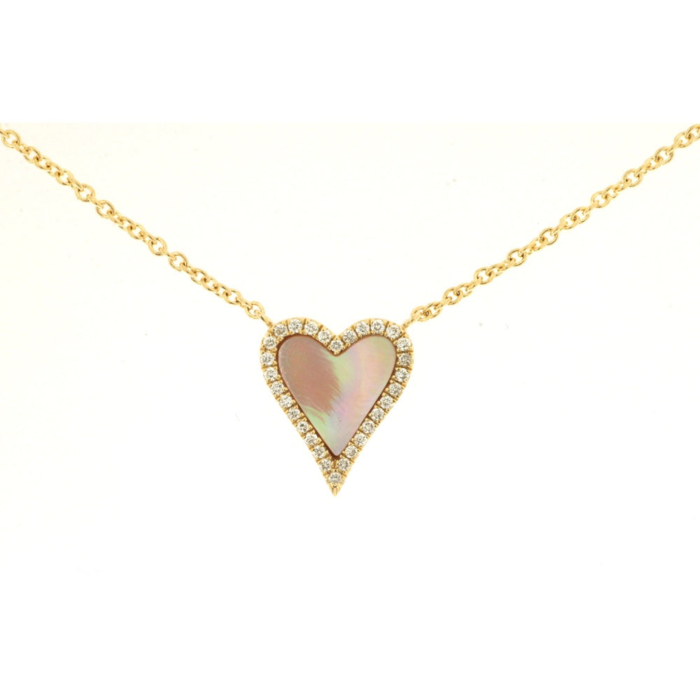 14K Yellow Gold Heart Pendant Necklace with Prong-Set Round Diamond Halo and Mother of Pearl Inlay - 0.10 Carat Total Diamond Weight - Royal Jewelry