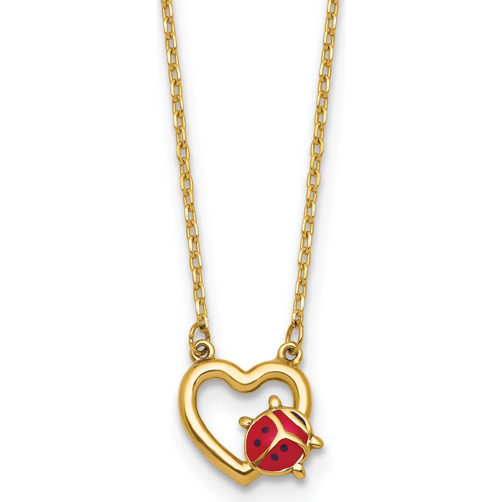 14K Yellow Gold Heart Pendant Necklace with Red and Black Enameled Ladybug - 17" Chain by 0