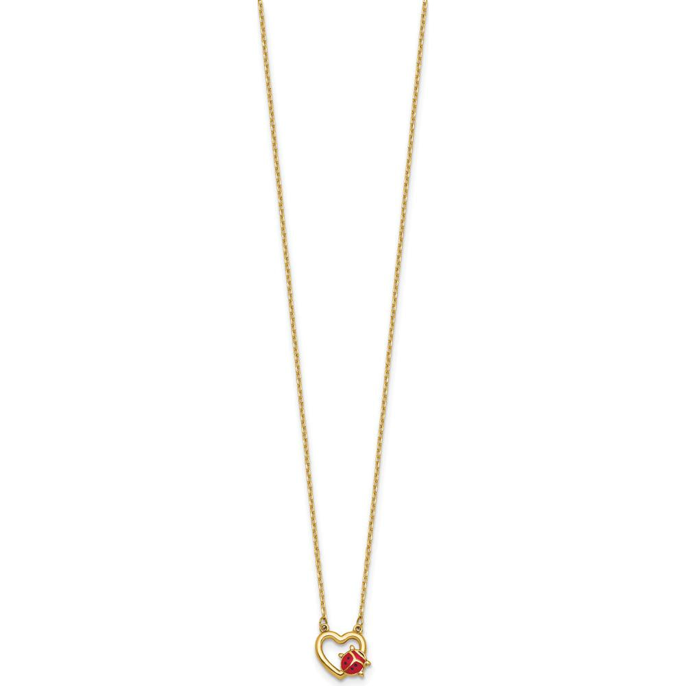 14K Yellow Gold Heart Pendant Necklace with Red and Black Enameled Ladybug - 17" Chain by 0
