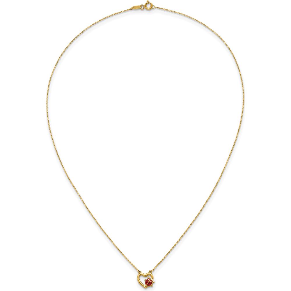 14K Yellow Gold Heart Pendant Necklace with Red and Black Enameled Ladybug - 17" Chain by 0