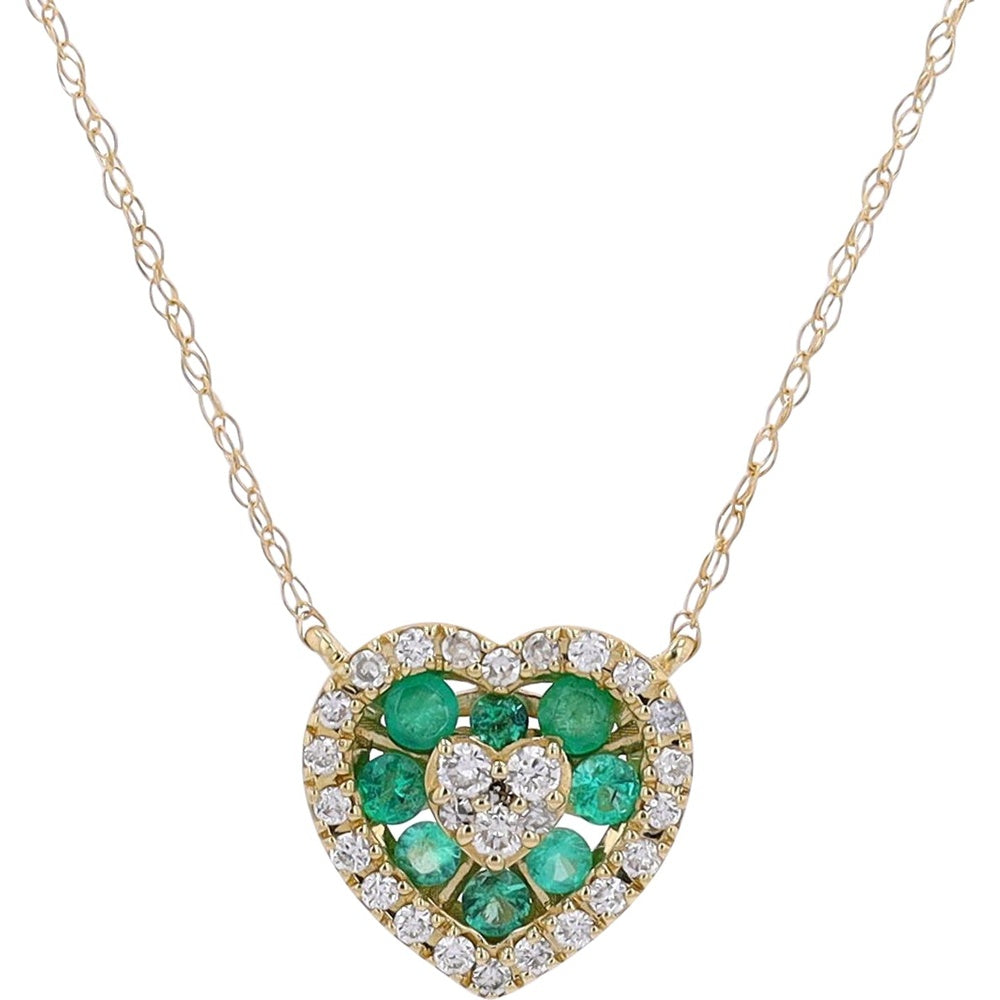 14K Yellow Gold Heart Pendant Necklace with Round Emerald Halo and Diamond Accents - 0.35 Carat Total Emerald Weight and 0.18 Carat Total Diamond Weight