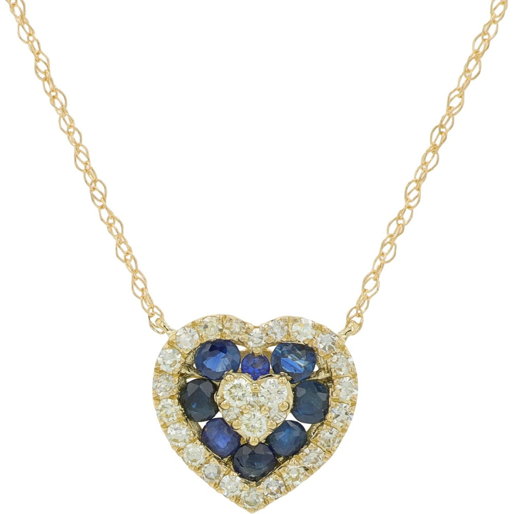 14K Yellow Gold Heart Pendant Necklace with Round Sapphire and Diamond Halo - 0.35 Carat Total Sapphire Weight and 0.18 Carat Total Diamond Weight