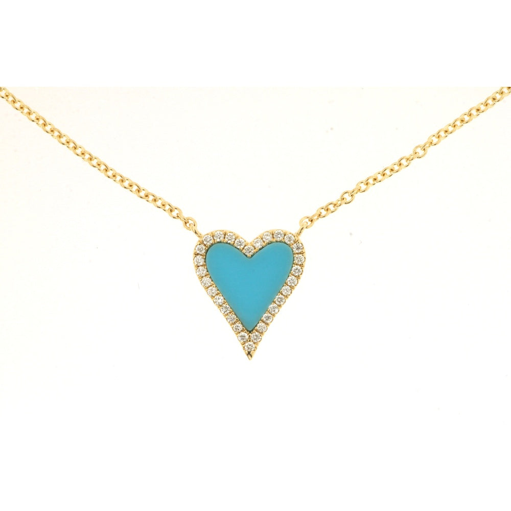 14K Yellow Gold Heart Pendant Necklace with Turquoise Center and Round Diamond Halo - 0.10 Carat Total Diamond Weight - Royal Jewelry