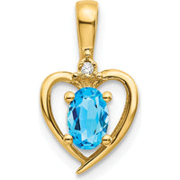 14K Yellow Gold Heart Pendant with 0.56 Carat Swiss Blue Topaz and Round Diamond Accent - 0.56 Carat Total Gemstone Weight by Oro Pregiato