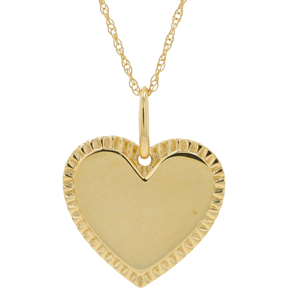 14K Yellow Gold Heart Pendant with Brushed Satin Finish and Textured Beaded Border on an 18-Inch Cable Chain