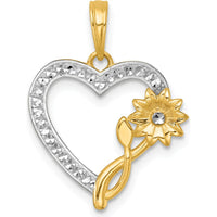 14K Yellow Gold Heart Pendant with Diamond-Cut Flower and Rhodium Accents - 22mm Length by Oro Pregiato