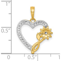 14K Yellow Gold Heart Pendant with Diamond-Cut Flower and Rhodium Accents - 22mm Length by Oro Pregiato