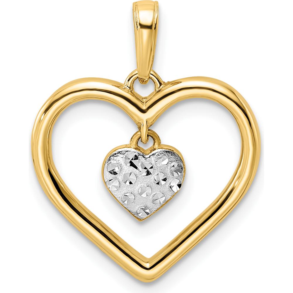14K Yellow Gold Heart Pendant with Diamond-Cut Heart Dangle and Rhodium Accents by Oro Pregiato