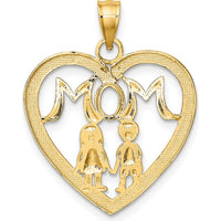 14K Yellow Gold Heart Pendant with MOM Charm and Hand-in-Hand Kids Figures by Oro Pregiato