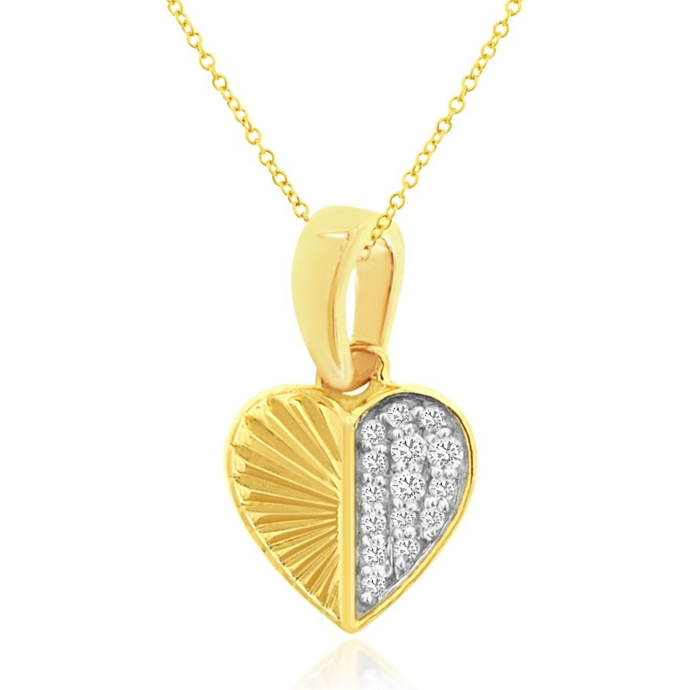 14K Yellow Gold Heart Pendant with Pavé Set Round Diamonds and Sunburst Fluted Texture - 0.05 Carat Total Diamond Weight - Royal Jewelry