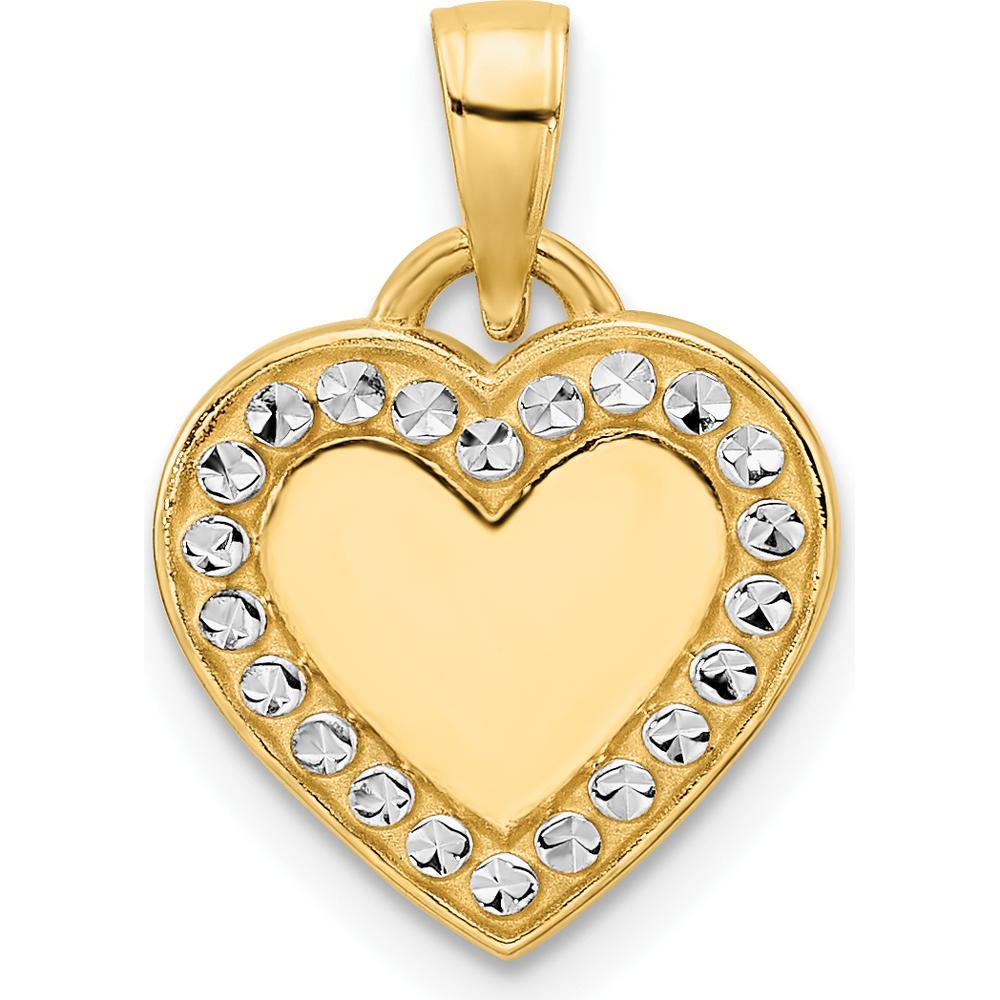 14K Yellow Gold Heart Pendant with Rhodium Diamond-Cut Border by Oro Pregiato