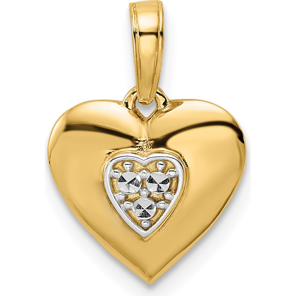 14K Yellow Gold Heart Pendant with Rhodium Diamond-Cut Detail by Oro Pregiato