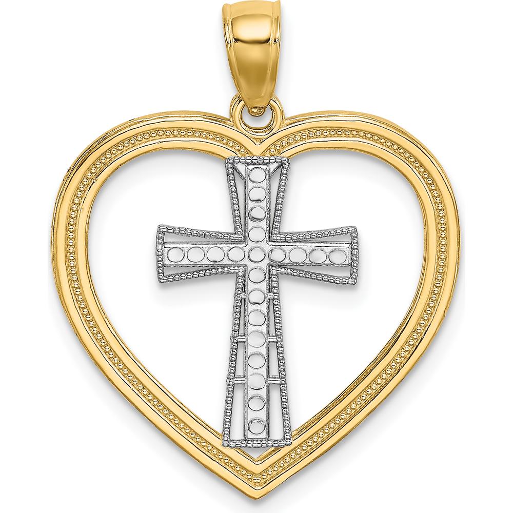 14K Yellow Gold Heart Pendant with White Rhodium Cross - Textured Design by Oro Pregiato