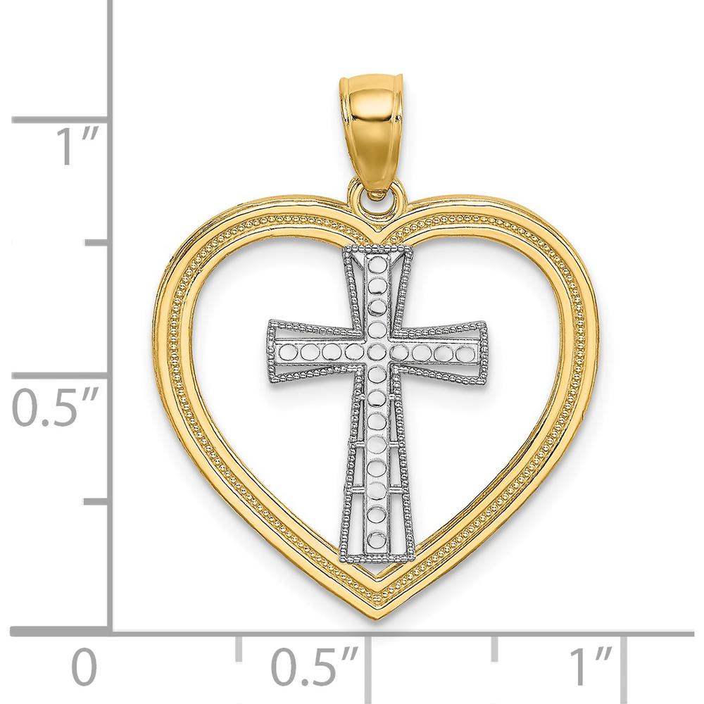 14K Yellow Gold Heart Pendant with White Rhodium Cross - Textured Design by Oro Pregiato