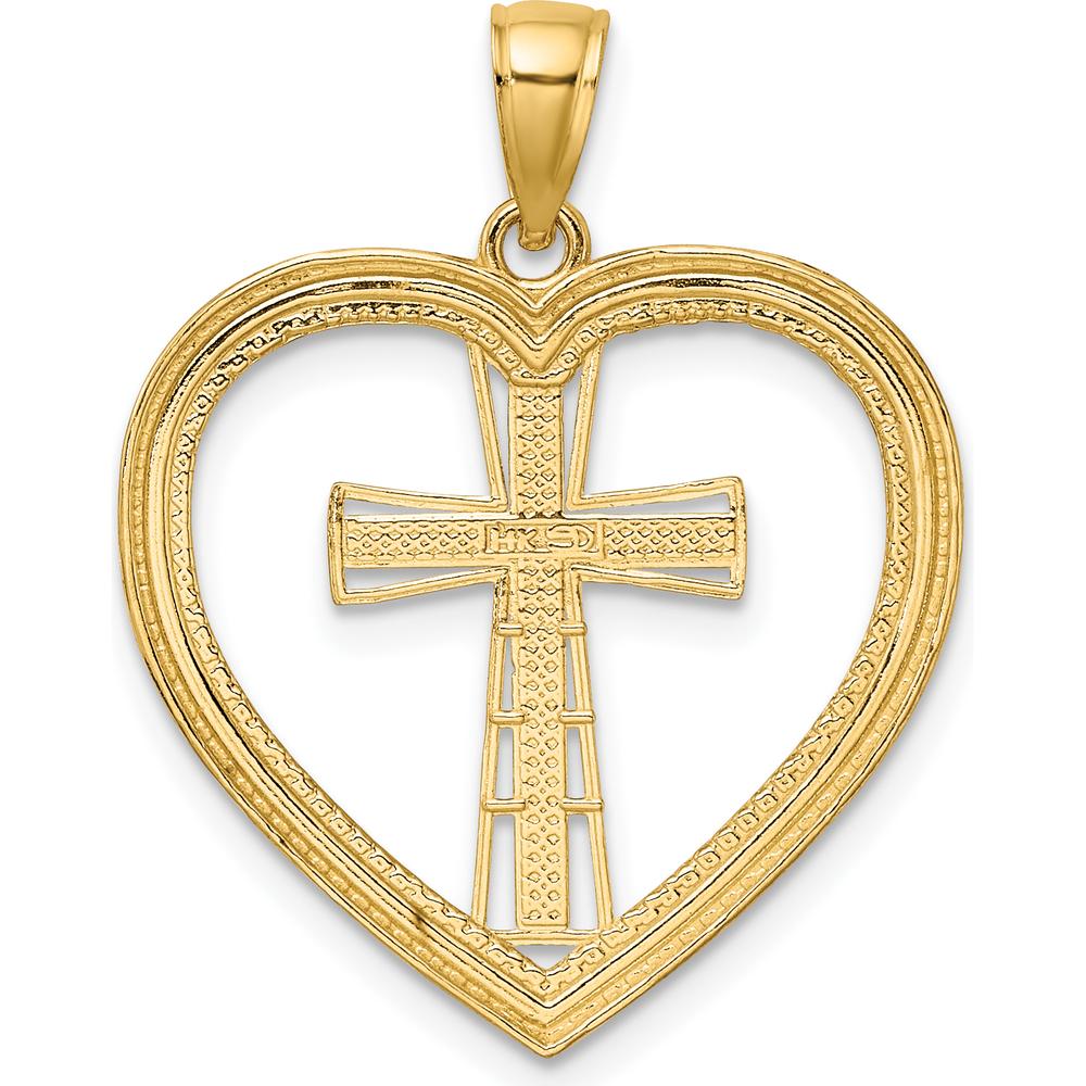 14K Yellow Gold Heart Pendant with White Rhodium Cross - Textured Design by Oro Pregiato