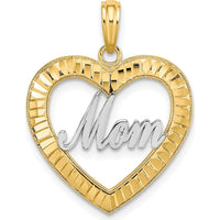 14K Yellow Gold Heart Pendant with White Rhodium Diamond-Cut "Mom" Design by Oro Pregiato