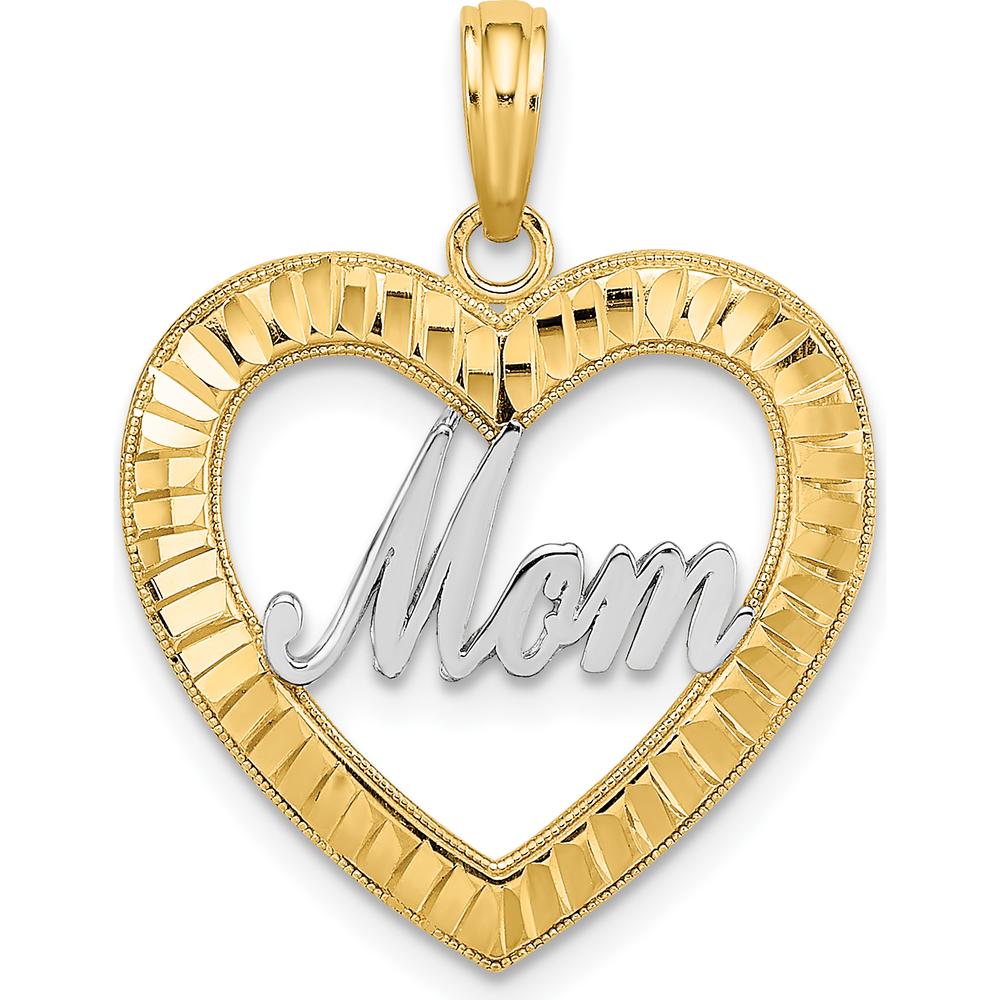 14K Yellow Gold Heart Pendant with White Rhodium Diamond-Cut "Mom" Design by Oro Pregiato