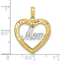 14K Yellow Gold Heart Pendant with White Rhodium Diamond-Cut "Mom" Design by Oro Pregiato