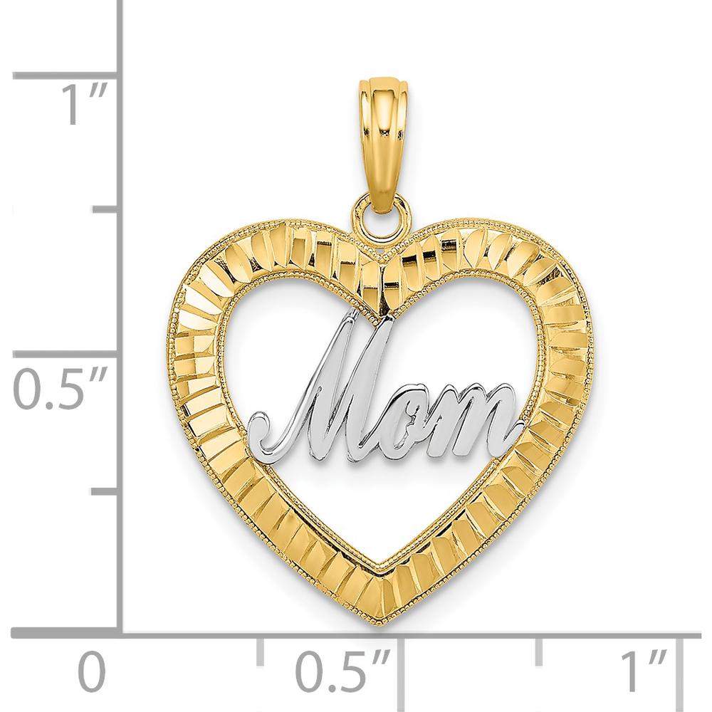 14K Yellow Gold Heart Pendant with White Rhodium Diamond-Cut "Mom" Design by Oro Pregiato