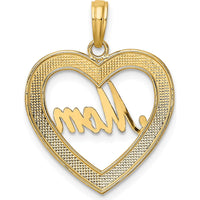 14K Yellow Gold Heart Pendant with White Rhodium Diamond-Cut "Mom" Design by Oro Pregiato
