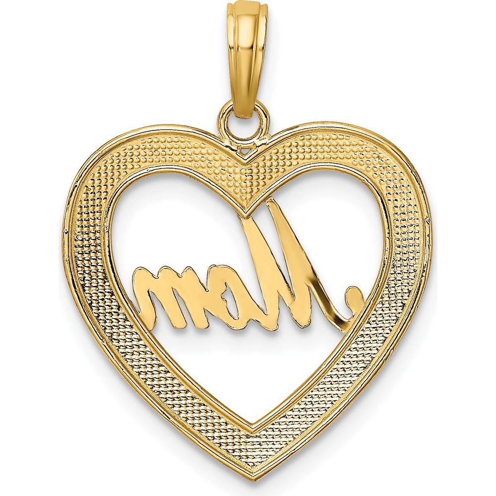 14K Yellow Gold Heart Pendant with White Rhodium Diamond-Cut "Mom" Design by Oro Pregiato