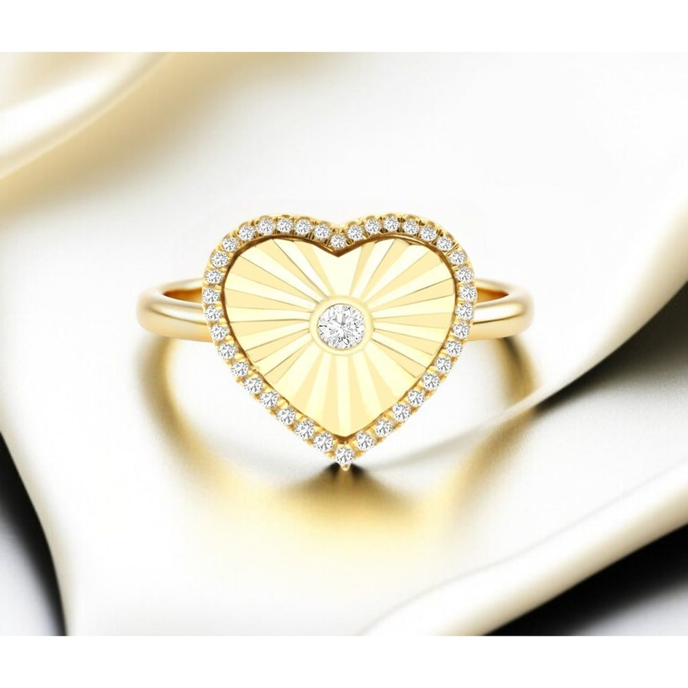 14K Yellow Gold Heart Ring with Bezel-Set Round Center Diamond and Milgrain Halo - 0.17 Carat Total Diamond Weight - Royal Jewelry