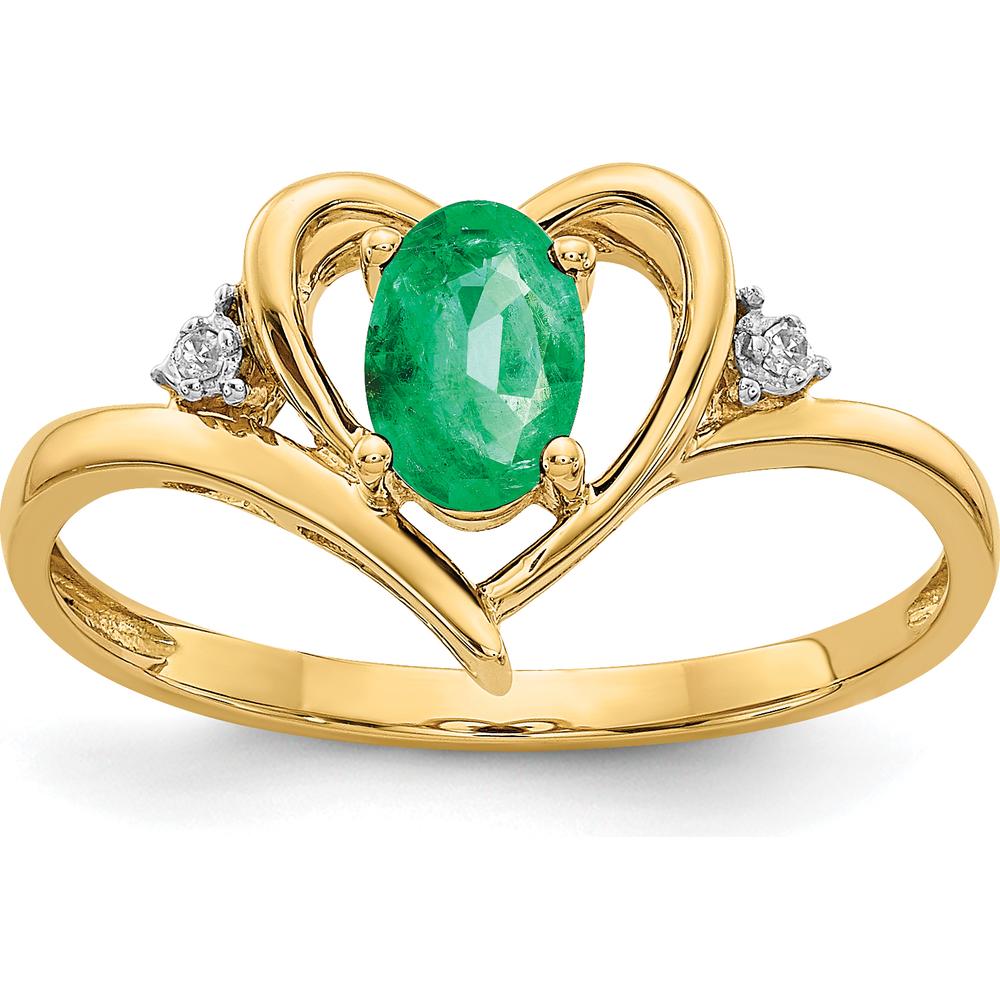14K Yellow Gold Heart Ring with Oval Emerald and Round Diamonds - 0.42 Carat Total Emerald Weight, 0.01 Carat Total Diamond Weight by Oro Pregiato