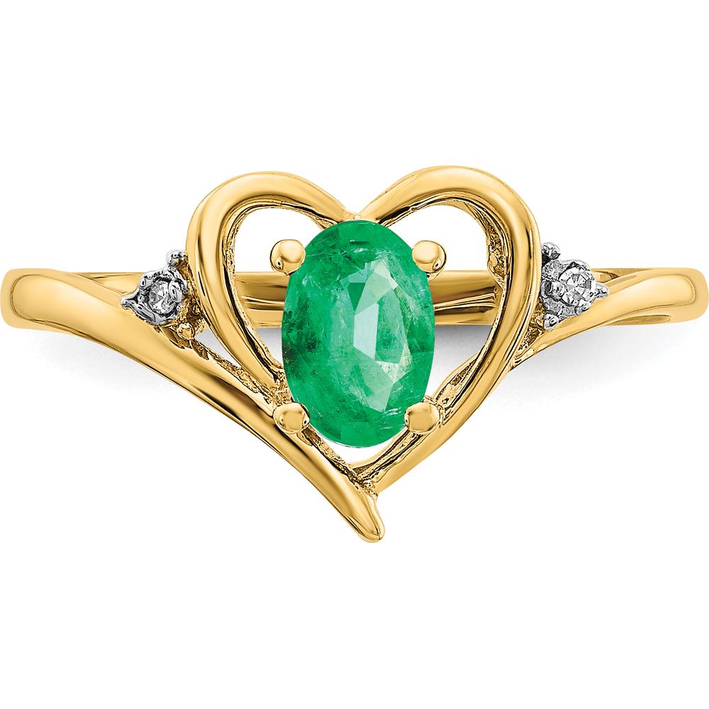 14K Yellow Gold Heart Ring with Oval Emerald and Round Diamonds - 0.42 Carat Total Emerald Weight, 0.01 Carat Total Diamond Weight by Oro Pregiato